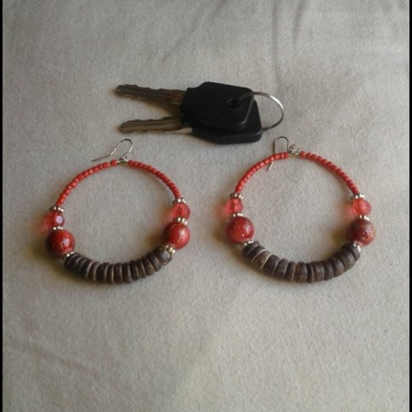 3 for $10 Red and wooden hoop earrings - Picture 2 of 2